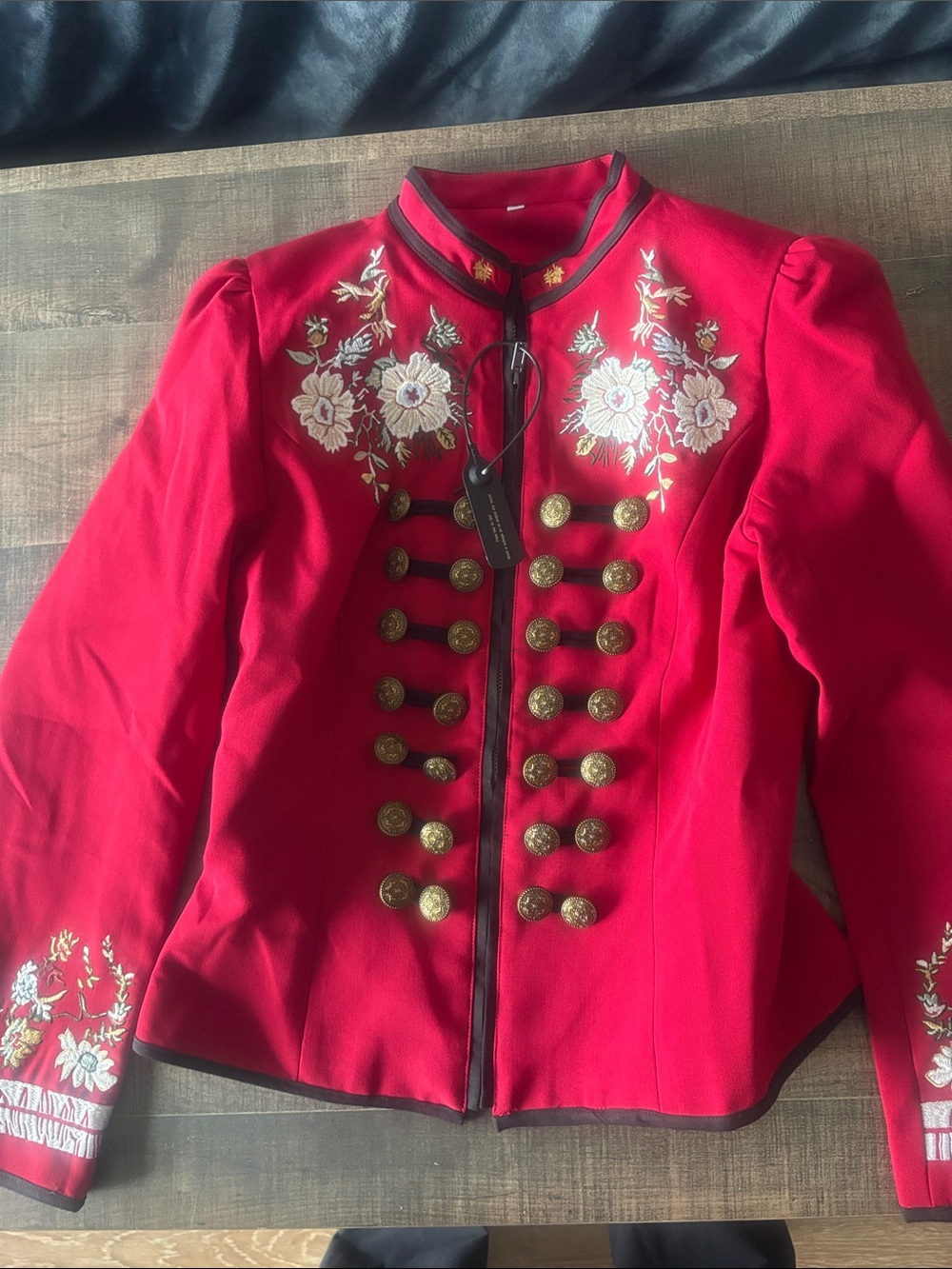 Embroidered floral Red Military-Style Blazer with Gold Buttons M